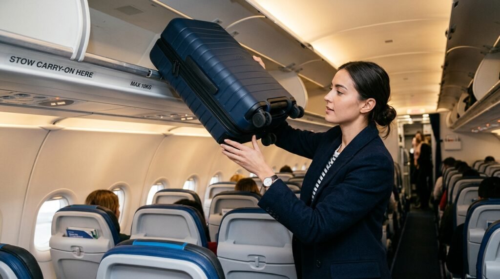 Away Bigger Carry-On suitcase being placed inside a Delta Airlines overhead bin