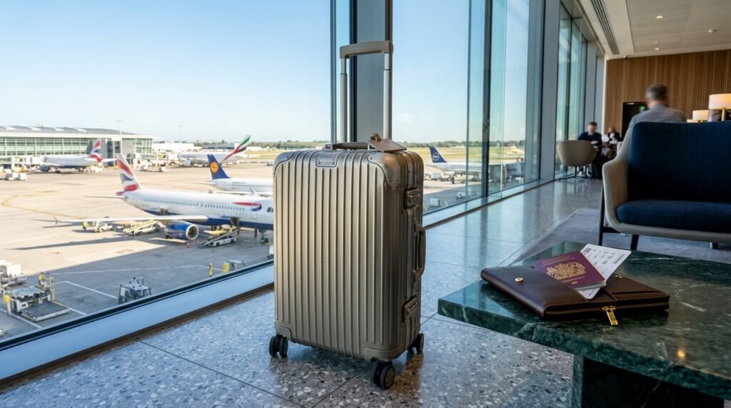 Premium champagne silver carry-on suitcase beside passport at an international airport lounge