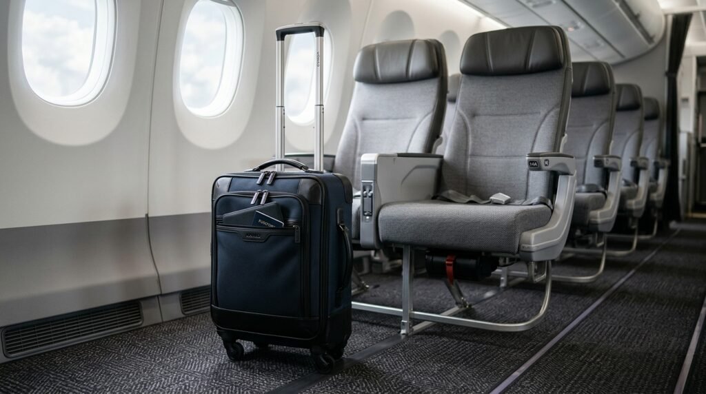 Compact underseat rolling carry-on luggage standing beside airline passenger seats
