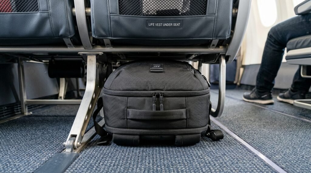 Travel backpack fitted under the passenger seat on a United Airlines economy flight
